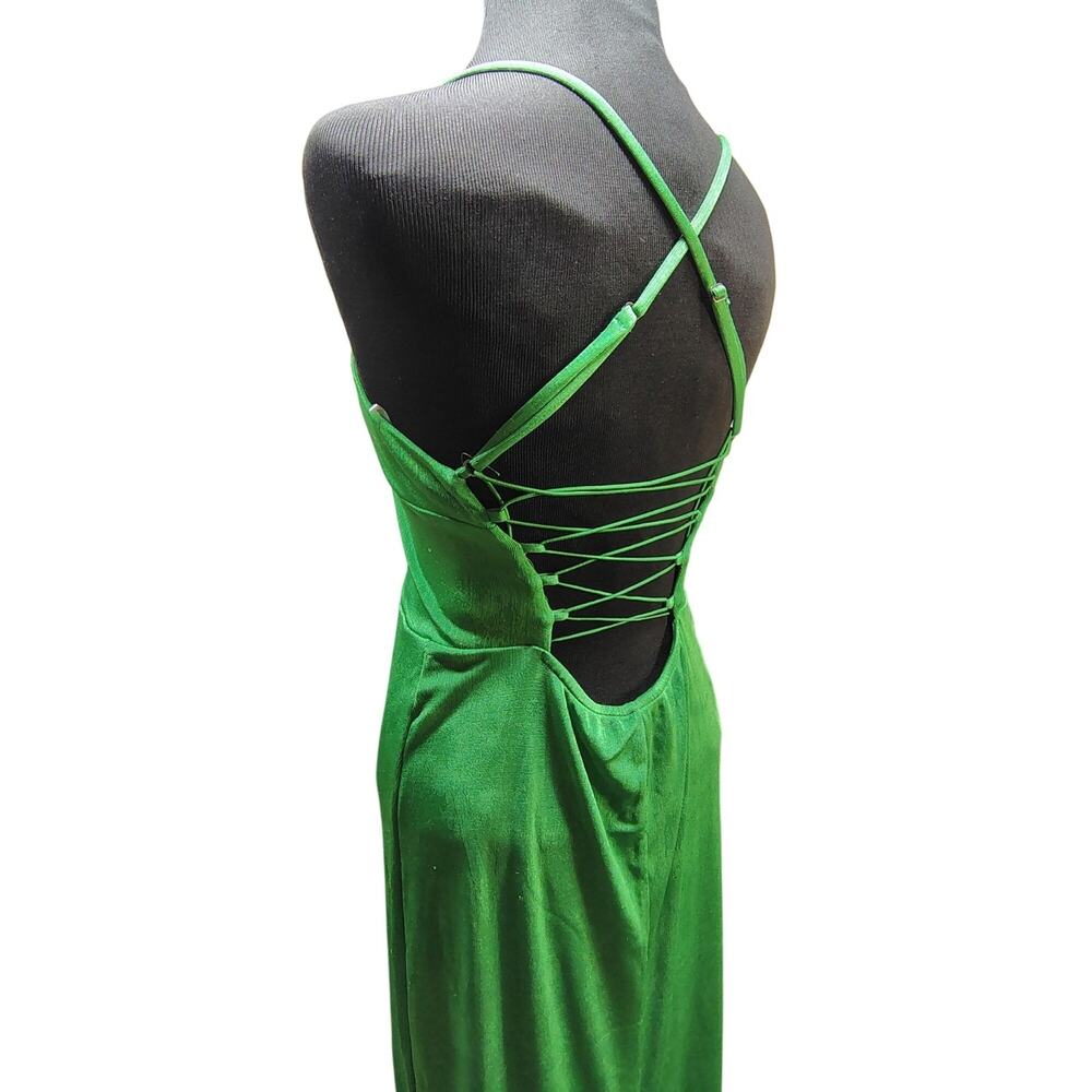 Wild Fable Y2K Vtg Emerald Satin Lace Up Back Midi Dress Side Slit Women's Large - Picture 15 of 15